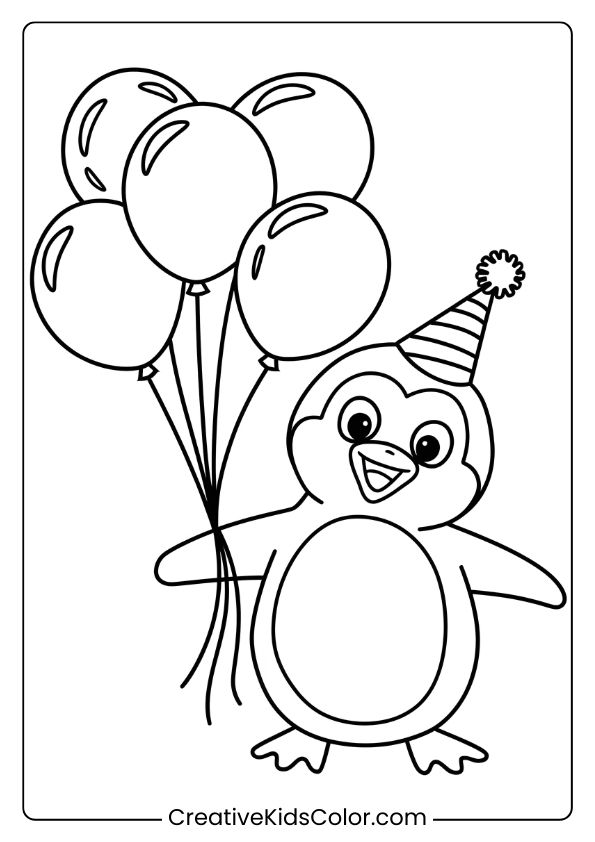 A Penguin With Balloons And A Party Hat, Perfect For A Birthday-Themed Penguin Coloring Page.