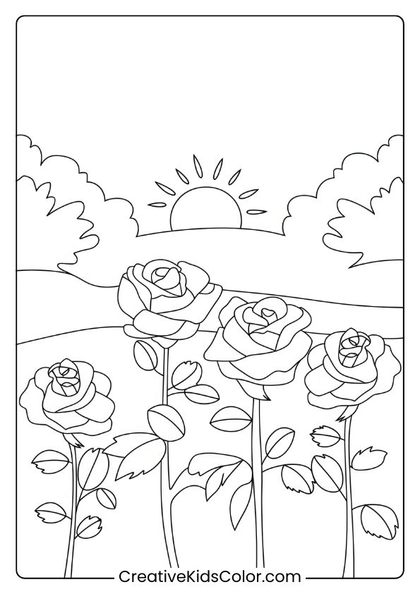 Park-Themed Coloring Page Of Blooming Roses At Sunrise, Capturing The Warmth And Serenity Of Morning Light.