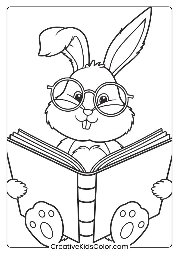 Coloring Page Of A Bunny Reading A Book With Round Glasses, Creating A Cozy, Studious Scene.