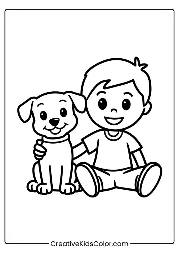 Boy Sitting With His Arm Around His Dog, Both In A Playful Moment In A Dog Coloring Page.
