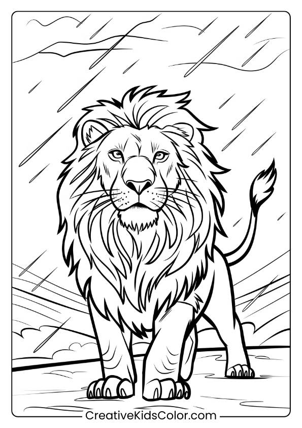 A Brave Lion Standing In The Rain, Perfect For A Dramatic And Powerful Lion Coloring Page For Children.