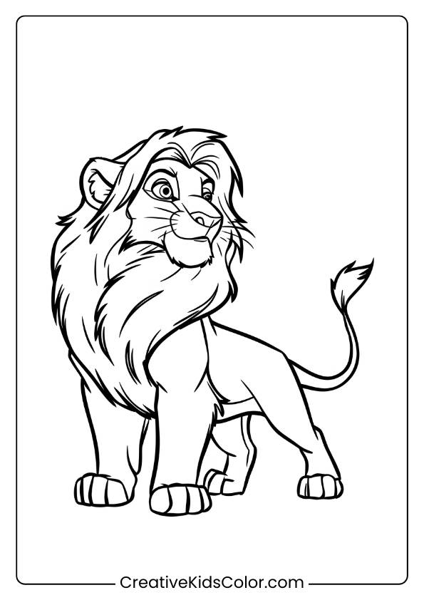 A Majestic Coloring Page Of Simba Standing Tall With His Mane Flowing, Great For Kids Who Love Lions.