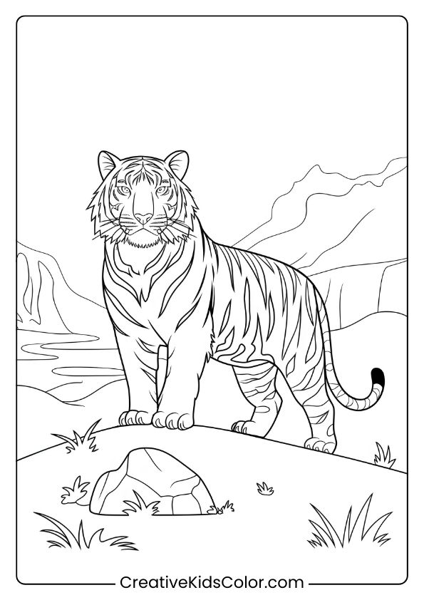 Brave Tiger Coloring Page With A Tiger Standing In A Valley With Mountains And A River Behind.