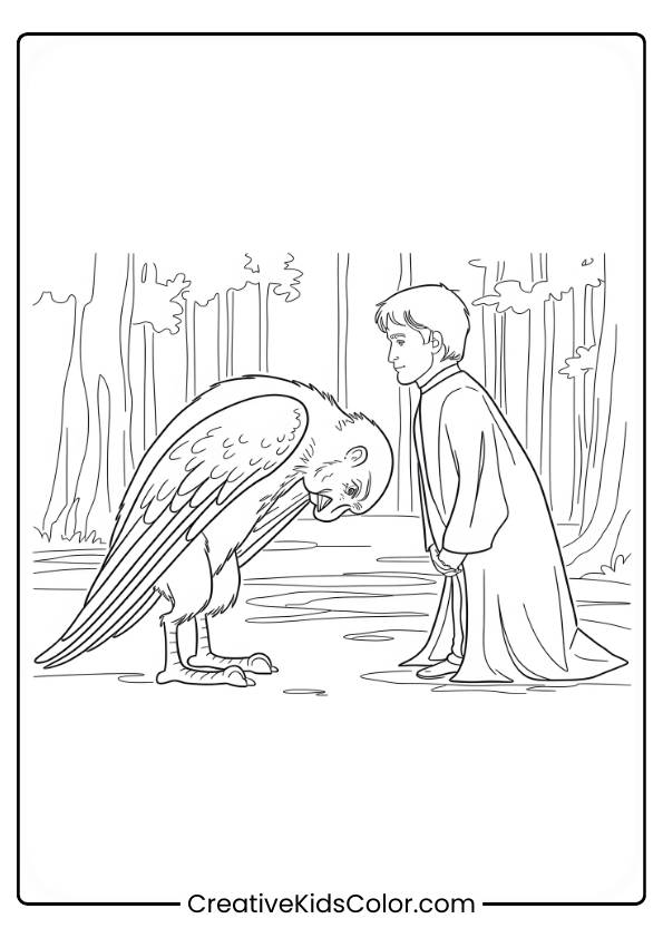 Buckbeak, The Majestic Creature, Bows Before Harry In The Forest, Creating A Tranquil And Magical Scene In This Coloring Page.