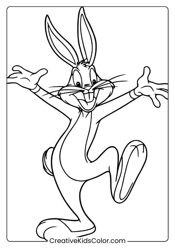Coloring Page Of Bugs Bunny Dancing Happily, Ideal For An Energetic, Fun Coloring Activity.