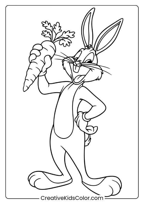 Coloring Page Of Bugs Bunny Holding A Carrot, Laughing Joyfully, Perfect For Fun Coloring Fans.