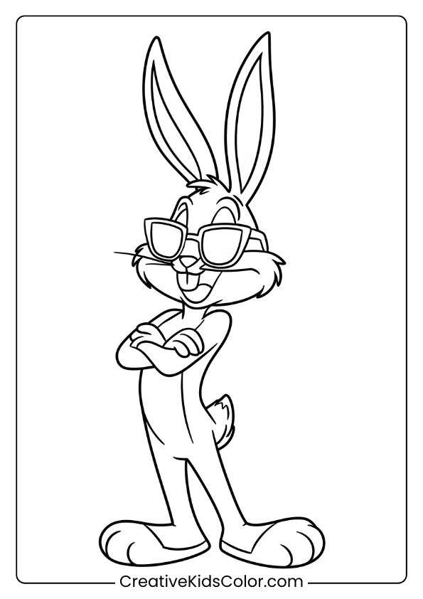 Coloring Page Of Bugs Bunny Wearing Sunglasses, With A Playful Pose, Perfect For A Fun Cartoon-Themed Coloring.