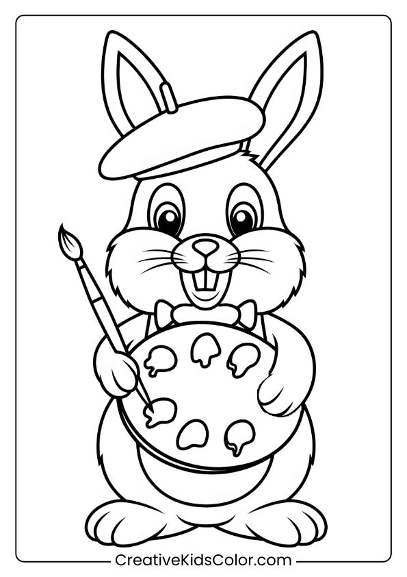 Coloring Page Of A Bunny Artist With A Paintbrush, Perfect For Creative And Colorful Exploration.