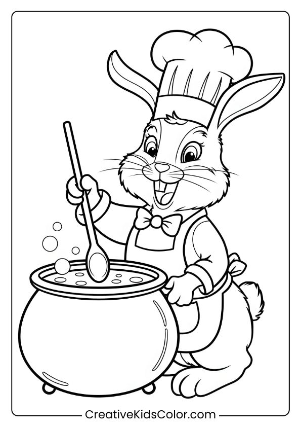 Coloring Page Of A Bunny Chef Stirring A Cauldron, Perfect For Creative, Imaginative Kitchen Fun.