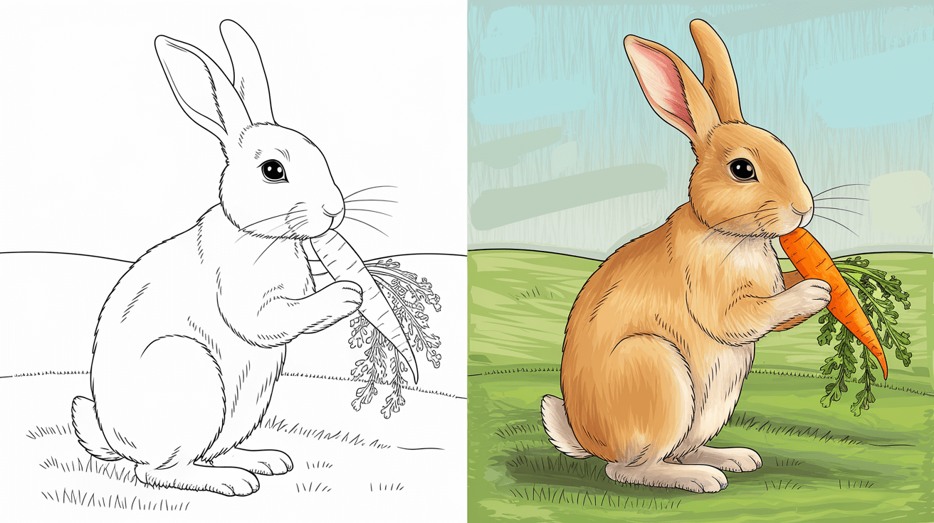 Cover Image For Bunny Coloring Pages Showing A Black-And-White Rabbit Holding A Carrot On The Left And A Colorful Version In A Grassy, Natural Setting On The Right.