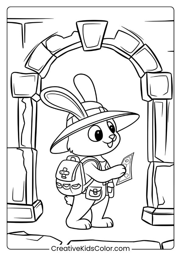 Coloring Page Of A Bunny Exploring Ancient Ruins, Perfect For Imaginative Adventure Coloring.