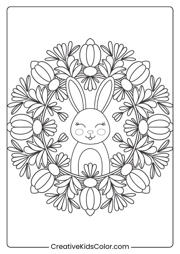 Coloring Page Of A Bunny Mandala Surrounded By Spring Flowers, Creating A Calming And Balanced Design.