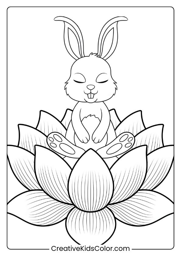 Coloring Page Of A Bunny Meditating On A Lotus Flower, Perfect For A Relaxing, Calming Activity.