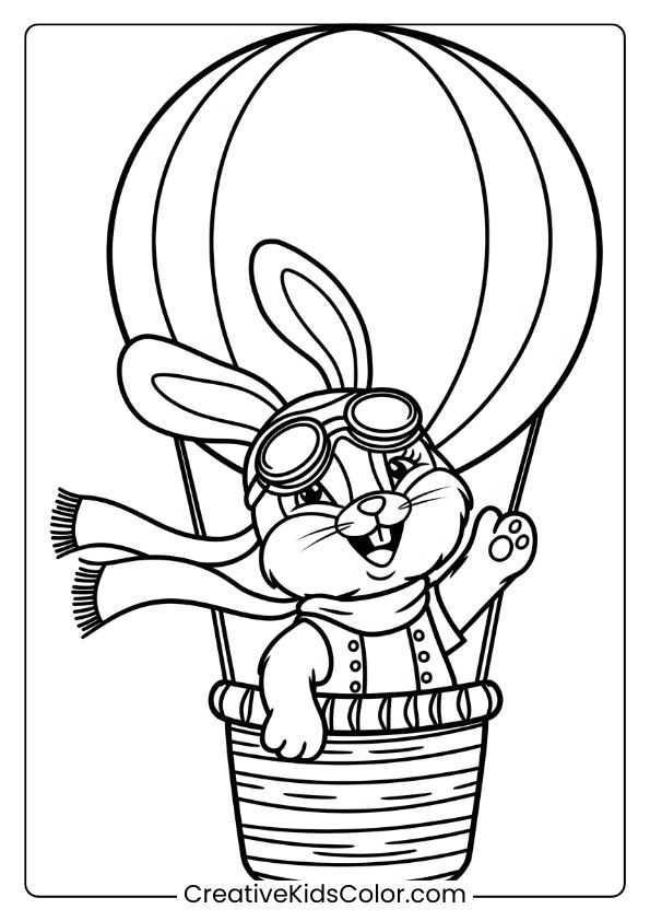 Coloring Page Of A Bunny Pilot In A Hot Air Balloon, Creating A Whimsical, Adventurous Scene.