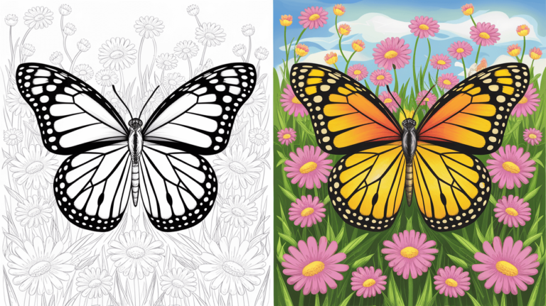 Coloring Page Cover Of A Butterfly, Left Side Uncolored, Right Side Fully Colored With Vibrant Wings And Flowers.