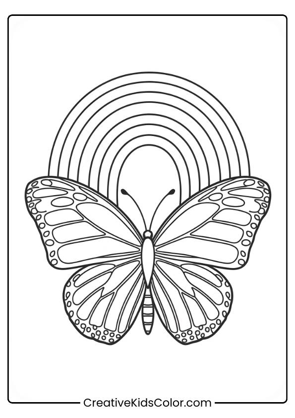 A Beautiful Butterfly Sits Under A Bright Rainbow, Making This Coloring Page A Perfect Activity For Nature Lovers.