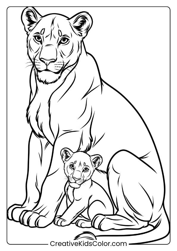 A Lioness With Her Cub In A Protective Posture, An Ideal Lion Family Coloring Page For Children To Color.