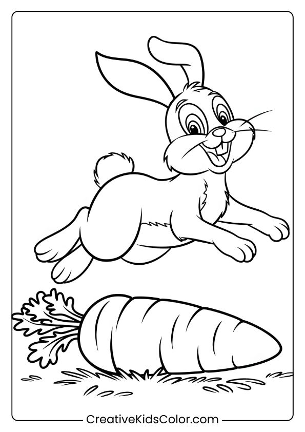 Coloring Page Of A Joyful Bunny Leaping Over A Carrot, Perfect For A Lively And Fun Coloring Session.