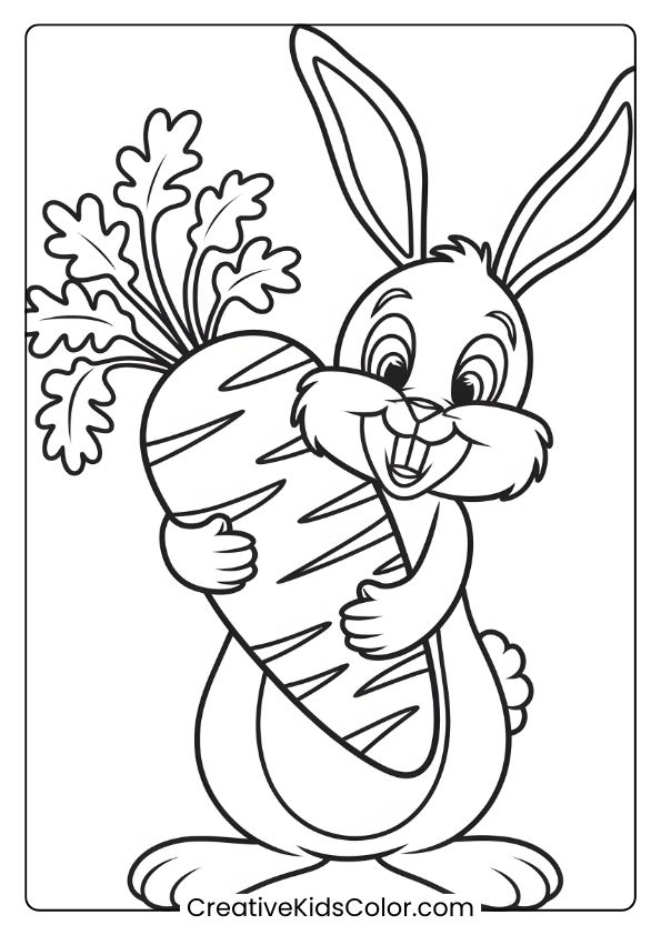 Coloring Page Of A Bunny Holding A Giant Carrot, Creating A Lively, Fun Image Perfect For Coloring.