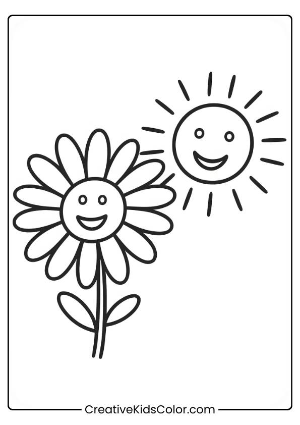 A Playful Daisy With A Smiling Sun, Both With Cheerful Faces, Creating A Lighthearted Coloring Page For Kids.