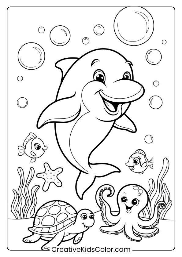 A Cartoon Dolphin Blowing Bubbles With Friends, A Delightful And Fun Coloring Page.