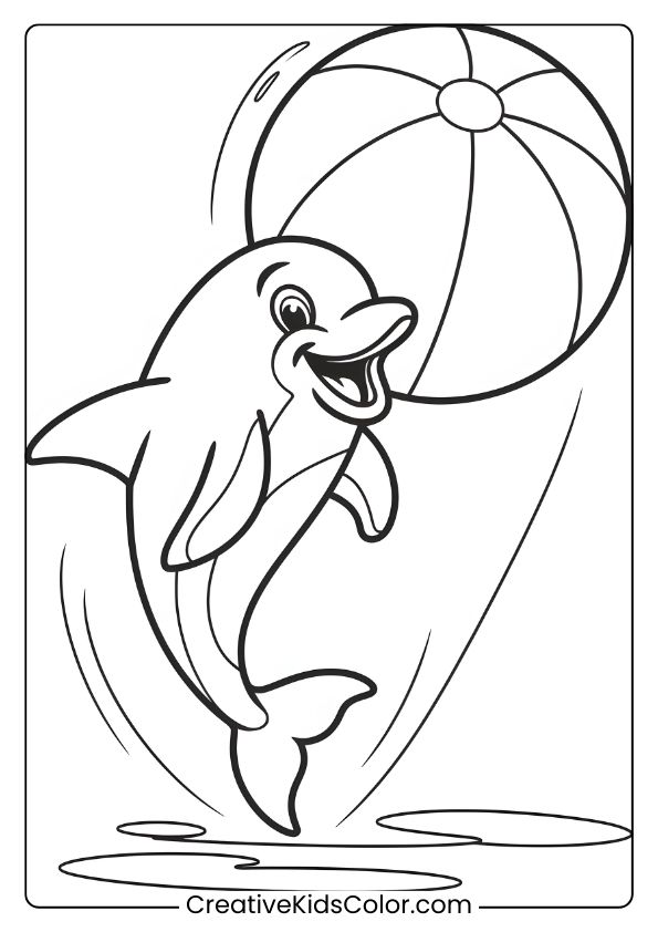 A Cartoon Dolphin Playing With A Rainbow Beach Ball, Adding Fun To A Vibrant Coloring Page.