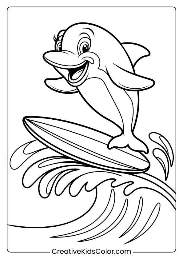 A Playful Cartoon Dolphin On A Surfboard, Surfing A Wave In A Delightful Coloring Page.