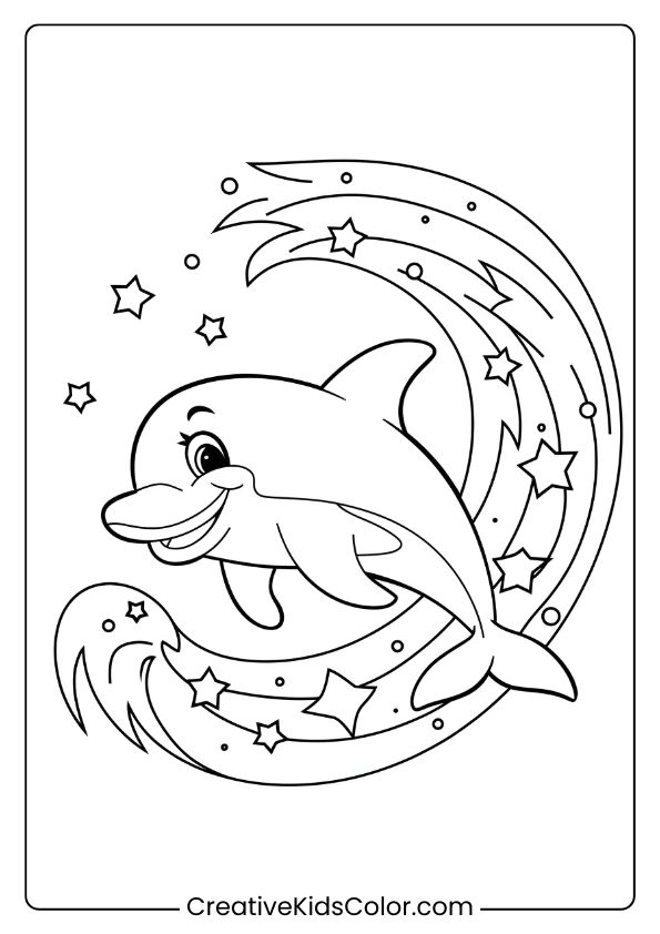 A Cartoon Dolphin Riding A Wave Of Stars, Adding Magic To A Coloring Page.