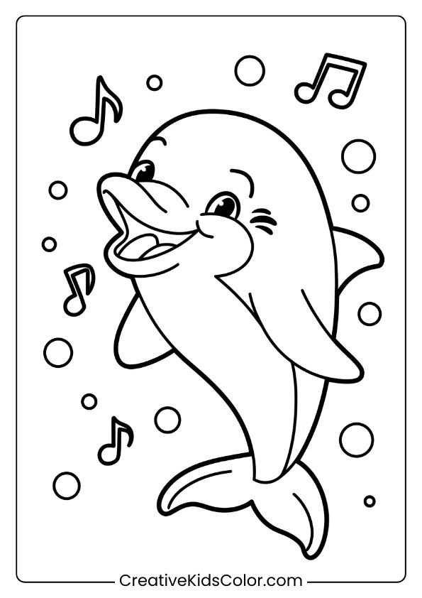 A Cartoon Dolphin Singing Underwater With Bubbles, A Cheerful Coloring Page.