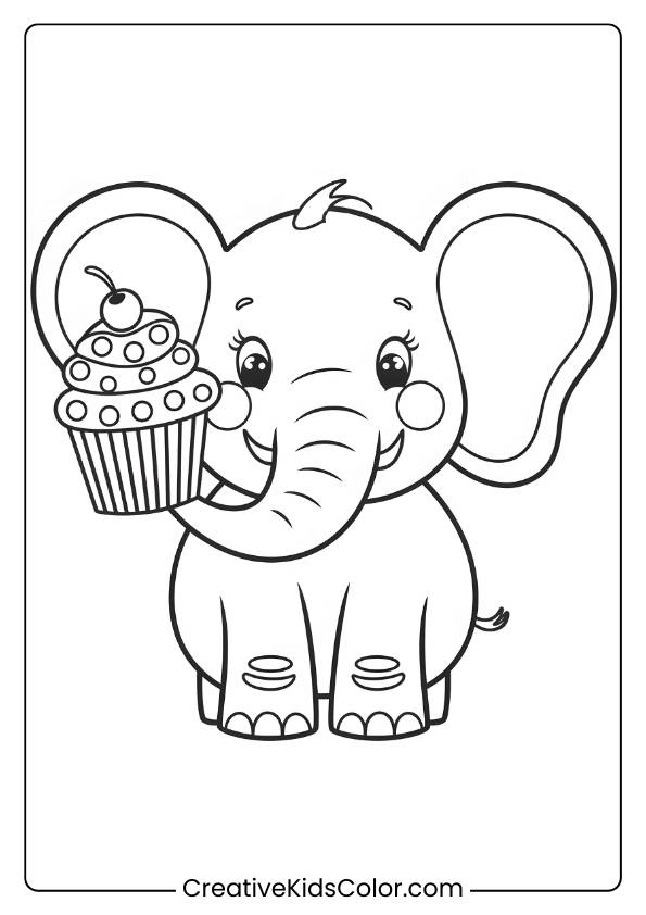 Coloring Page Of An Elephant Holding A Cupcake.
