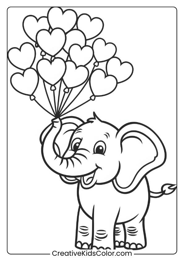 Coloring Page Of An Elephant Holding Heart-Shaped Balloons.