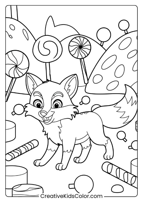 Fox Coloring Page Of A Cartoon Fox In Candyland, With Lollipops, Chocolates, And A Spiral Lollipop Backdrop, Ideal For Kids.