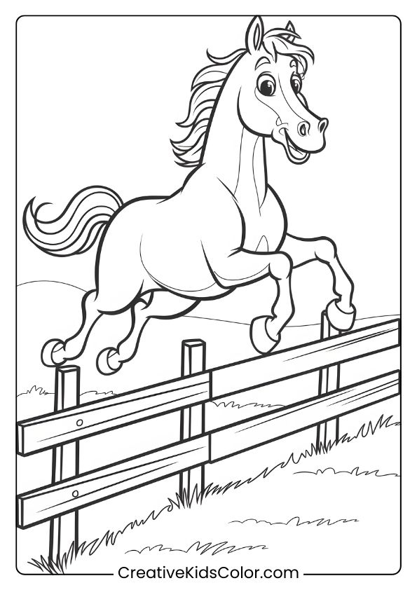 A Cartoon Horse Mid-Jump Over A Fence, Making For An Exciting Coloring Page For Kids.