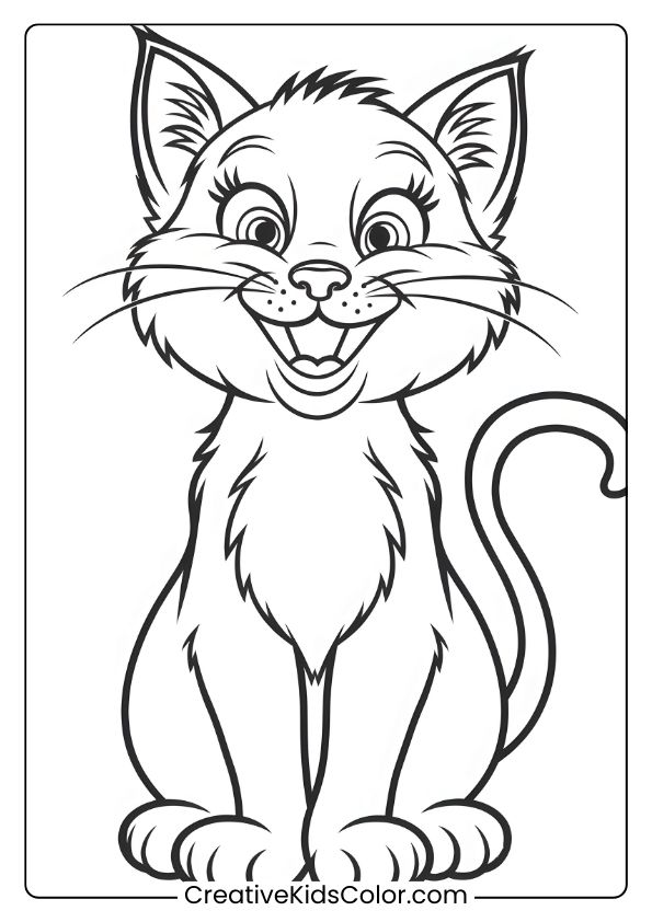 A Cartoon Kitten With A Joyful Smile, Perfect For A Fun And Lively Coloring Page.