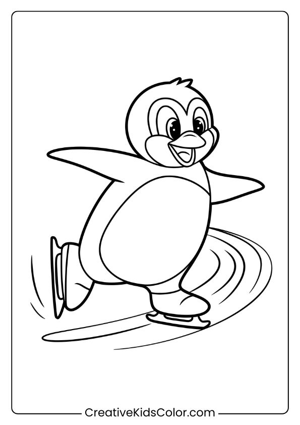 A Cartoon Penguin Ice Skating With A Joyful Expression, A Fun Winter Coloring Page For Kids.