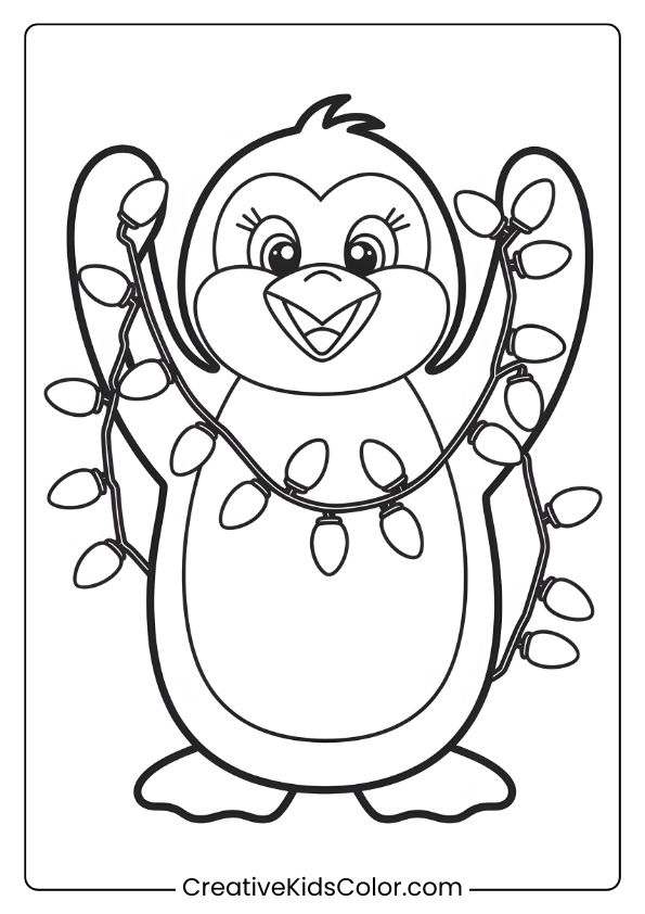 A Penguin Wrapped In Christmas Lights, Bringing Holiday Cheer, A Fun And Festive Penguin Coloring Page.