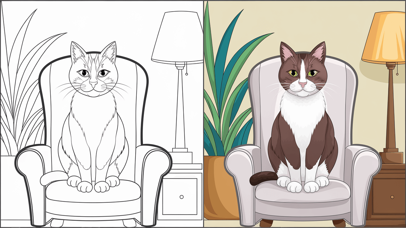Ausmalbild Cover Mit Einer Katze Auf Einem Stuhl. Die Linke Seite Ist Unbemalt, Die Rechte Seite In Warmen, Gemütlichen Farben Koloriert.
