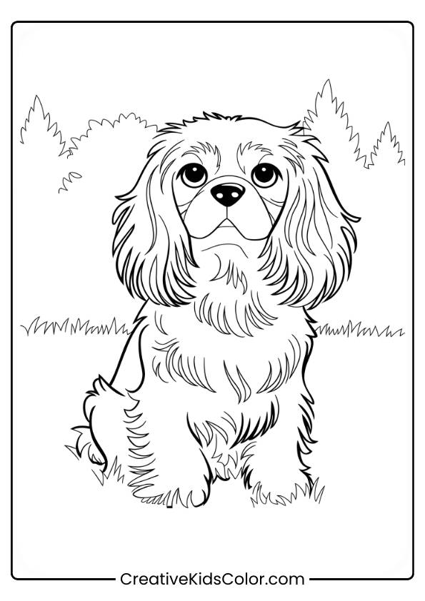 Cavalier King Charles Spaniel Sitting Calmly In Front Of Trees With Long, Wavy Fur In A Dog Coloring Page.