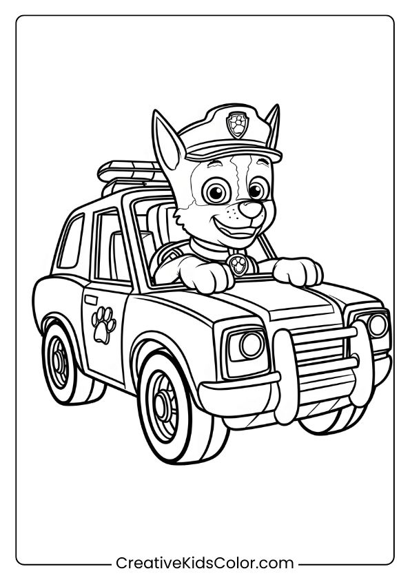 Paw Patrol Ausmalbild Mit Chase In Seinem Polizeiauto, Aufgeregt Für Eine Neue Verfolgungsjagd.
