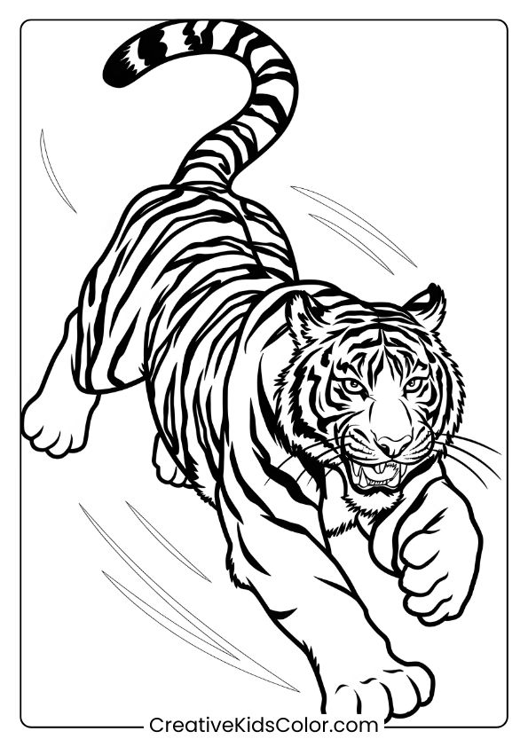 Chasing Tiger Coloring Page Showing A Tiger Mid-Sprint, With Intense Eyes And Bold Stripes.