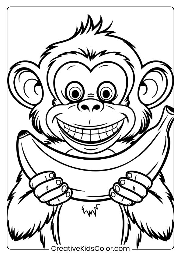 This Coloring Page Shows A Cheerful Monkey Hugging A Banana With A Wide, Playful Grin.