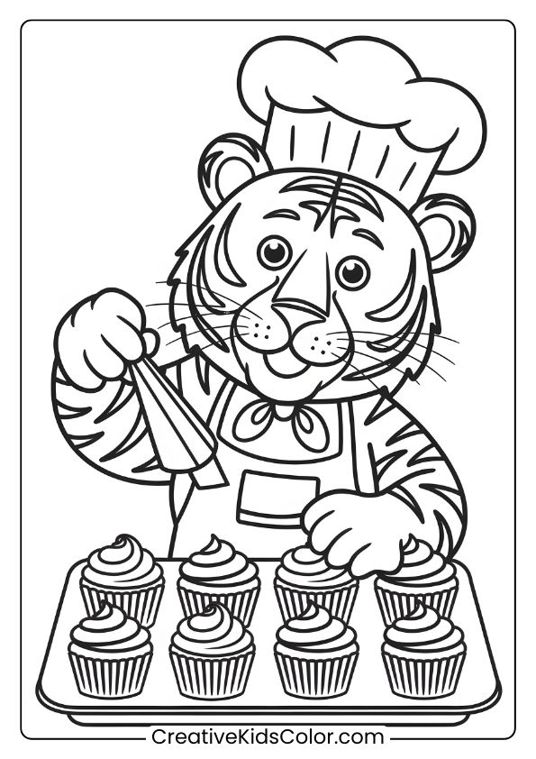Chef Tiger Coloring Page With A Tiger In A Chef Hat, Decorating Cupcakes With Frosting.