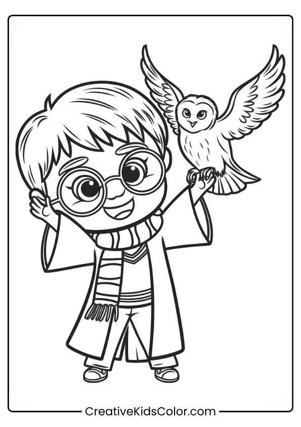 Chibi Harry Potter Joyfully Raises His Arms, With Hedwig Perched Calmly On His Arm, In This Playful Coloring Page.