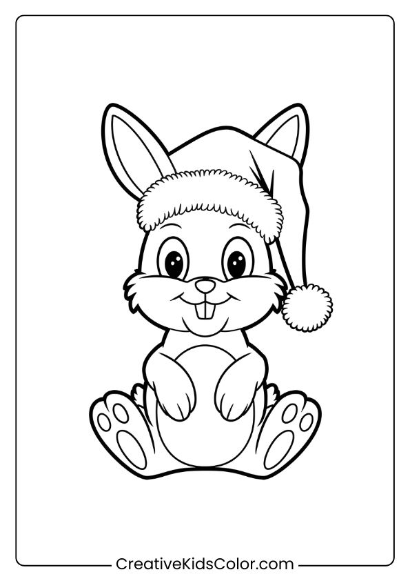 Coloring Page Of A Bunny In A Santa Hat, Bringing Festive Cheer To Your Holiday-Themed Coloring.