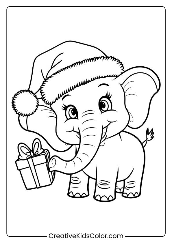 Coloring Page Of An Elephant In A Santa Hat With A Gift.