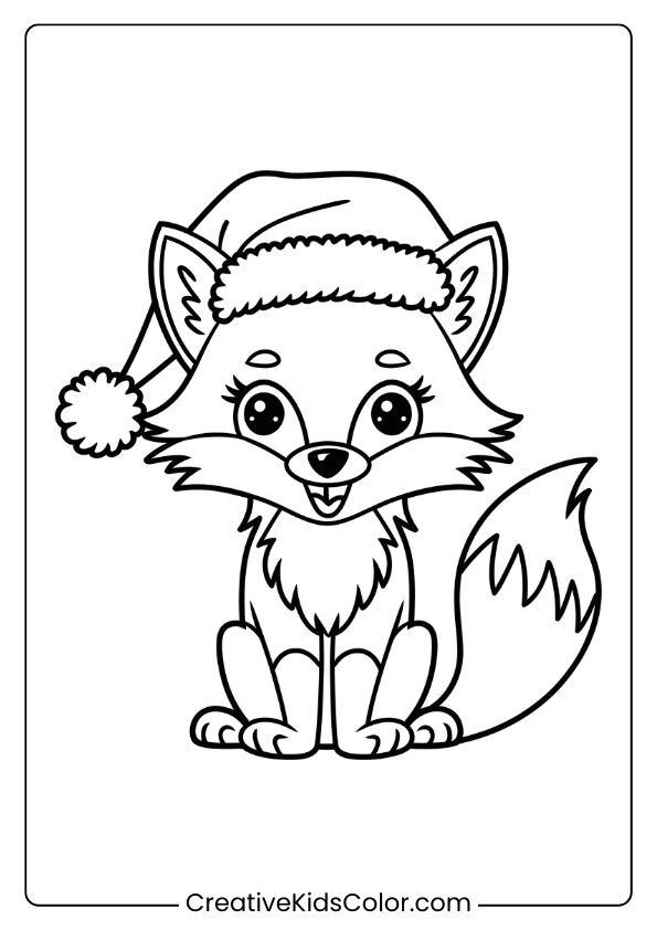 Fox Coloring Page Of A Christmas Fox Wearing A Santa Hat, With A Cheerful Expression, Ideal For Holiday-Themed Coloring.