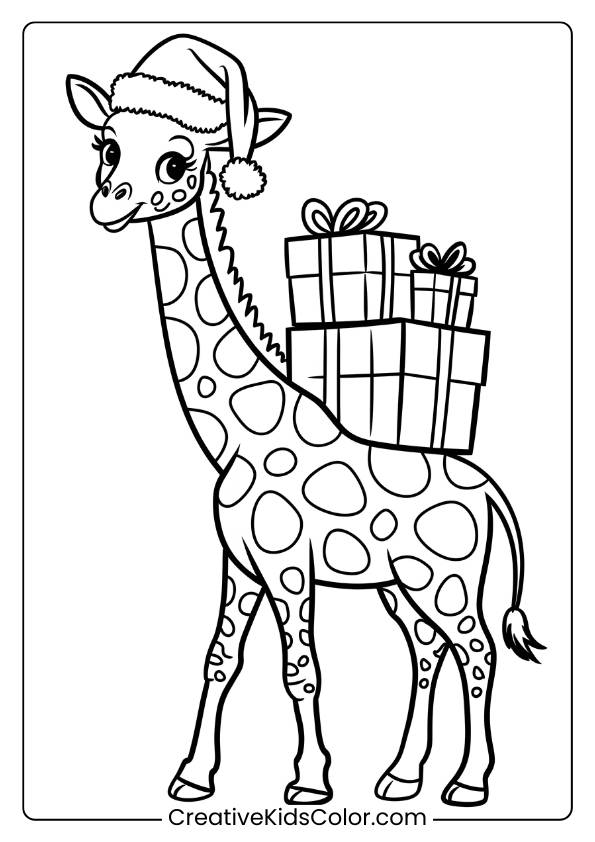 Christmas-Themed Coloring Page With A Cheerful Giraffe Carrying Presents, Great For Holiday Coloring.