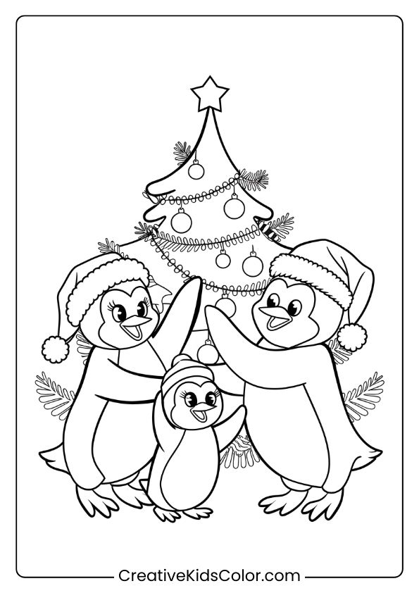 A Family Of Penguins With A Christmas Tree, A Heartwarming Holiday Coloring Page.