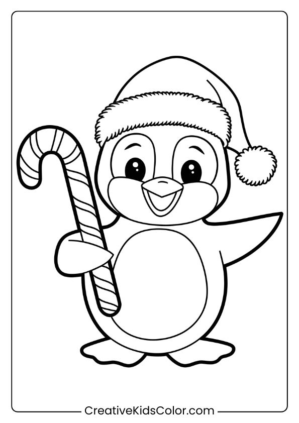 A Christmas Penguin With A Santa Hat And Candy Cane, Ideal For A Holiday-Themed Penguin Coloring Page.