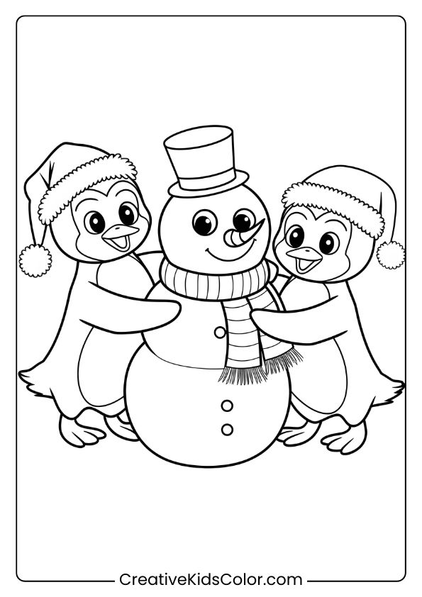 Two Penguins With A Snowman, Creating A Joyful Holiday Scene, Perfect For A Christmas Coloring Page.